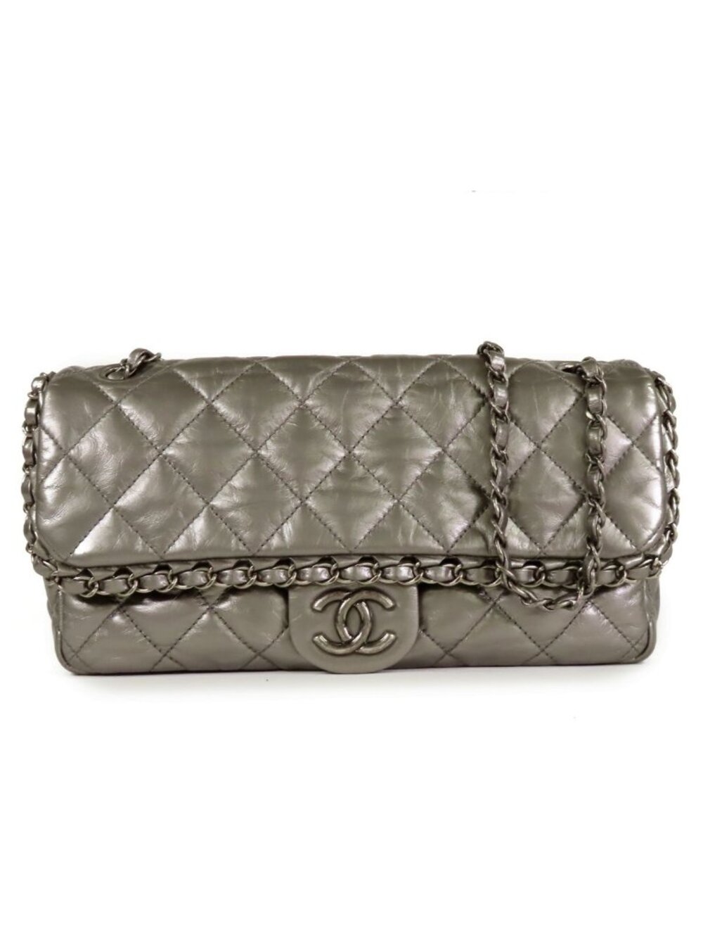 Chanel Line Chain Shoulder Bag Silver Leather